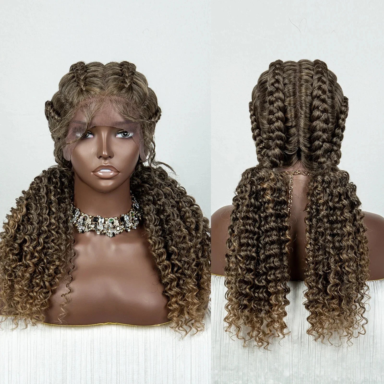 22" Box Braids Full Lace Wig | Two Curly Ponytails | Baby Hair | Synthetic Braided Wig