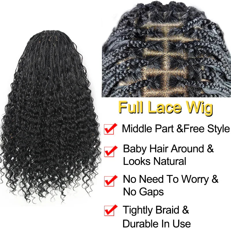 24" Boho Box Braids Lace Frontal Wig | Deep Wave Goddess Braids | Curly Ends | Black Full Lace Synthetic Wig