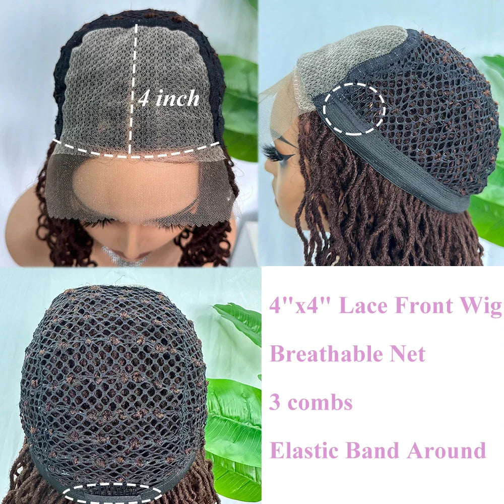 14" Copper Red Faux Locs Lace Front Wig | Short Twist Dreadlocks | Synthetic Braided Wig