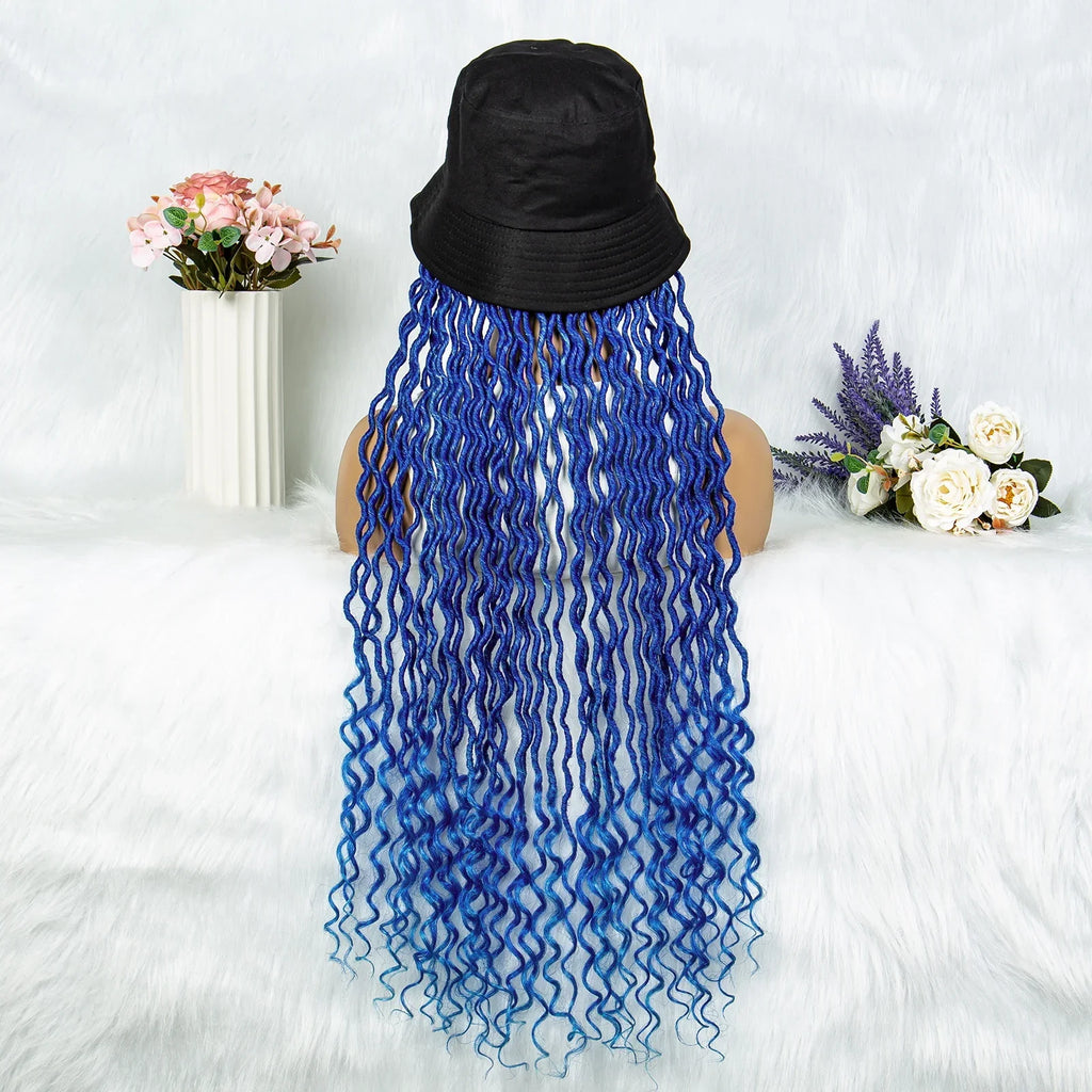 30" Crochet Afro Dreadlocks Bucket Hat Wig | Synthetic Braided Hair | Curly Ends | Black Women