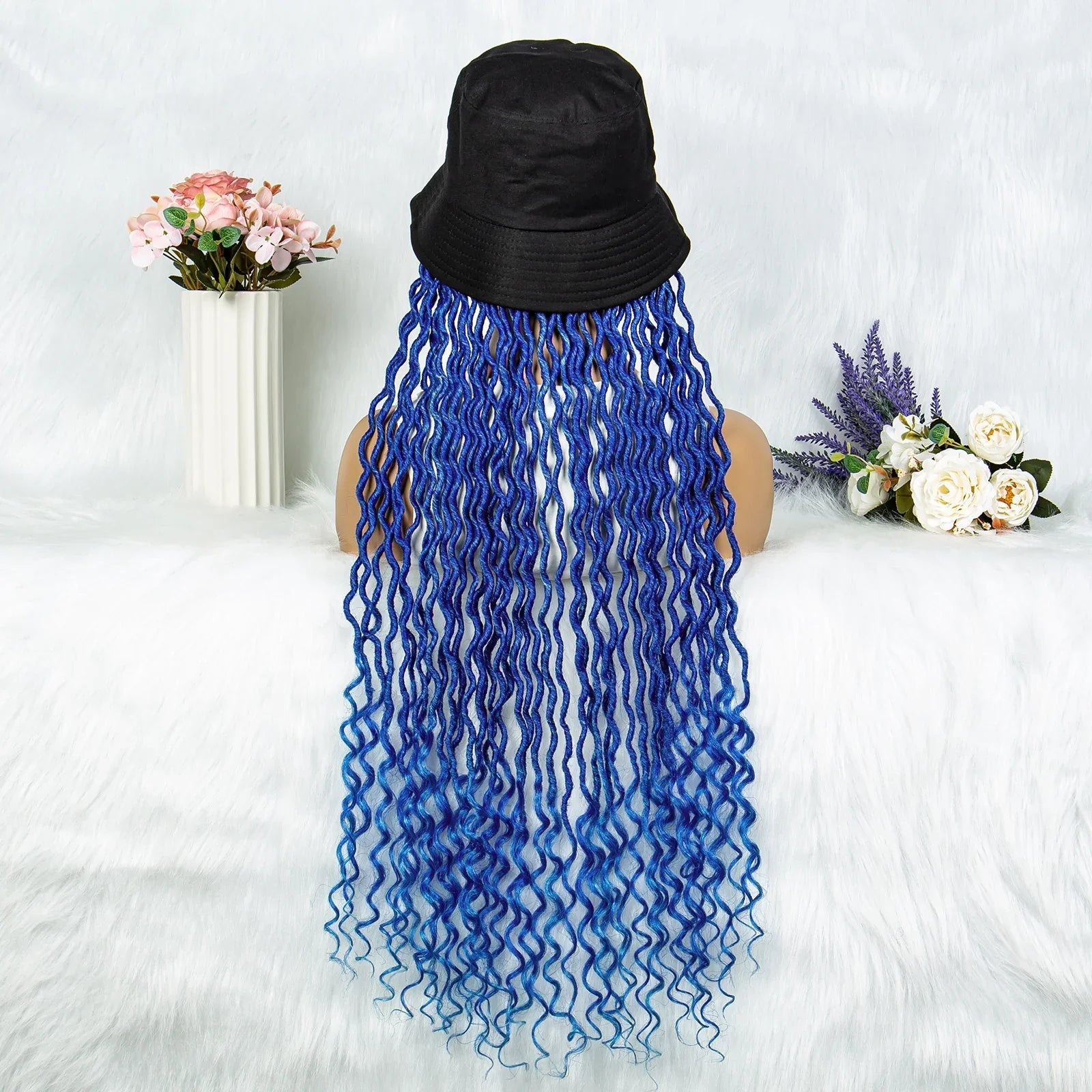 30" Crochet Afro Dreadlocks Bucket Hat Wig | Synthetic Braided Hair | Curly Ends | Black Women