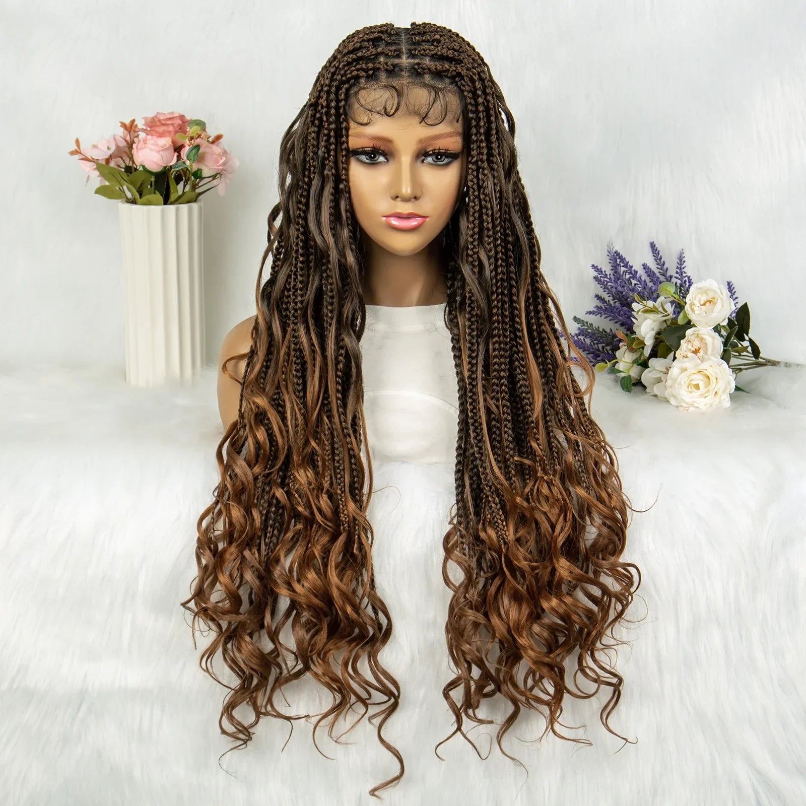 34" Full Lace Knotless Braided Wig with Baby Hair | Synthetic Lace Front Wig for Black Women | Long Braids