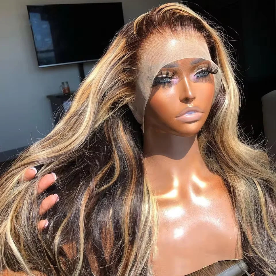 13x6 HD Transparent Body Wave Lace Front Wig | Highlighted Blonde 4/27 | Brazilian Remy Hair | Pre Plucked | Long Length