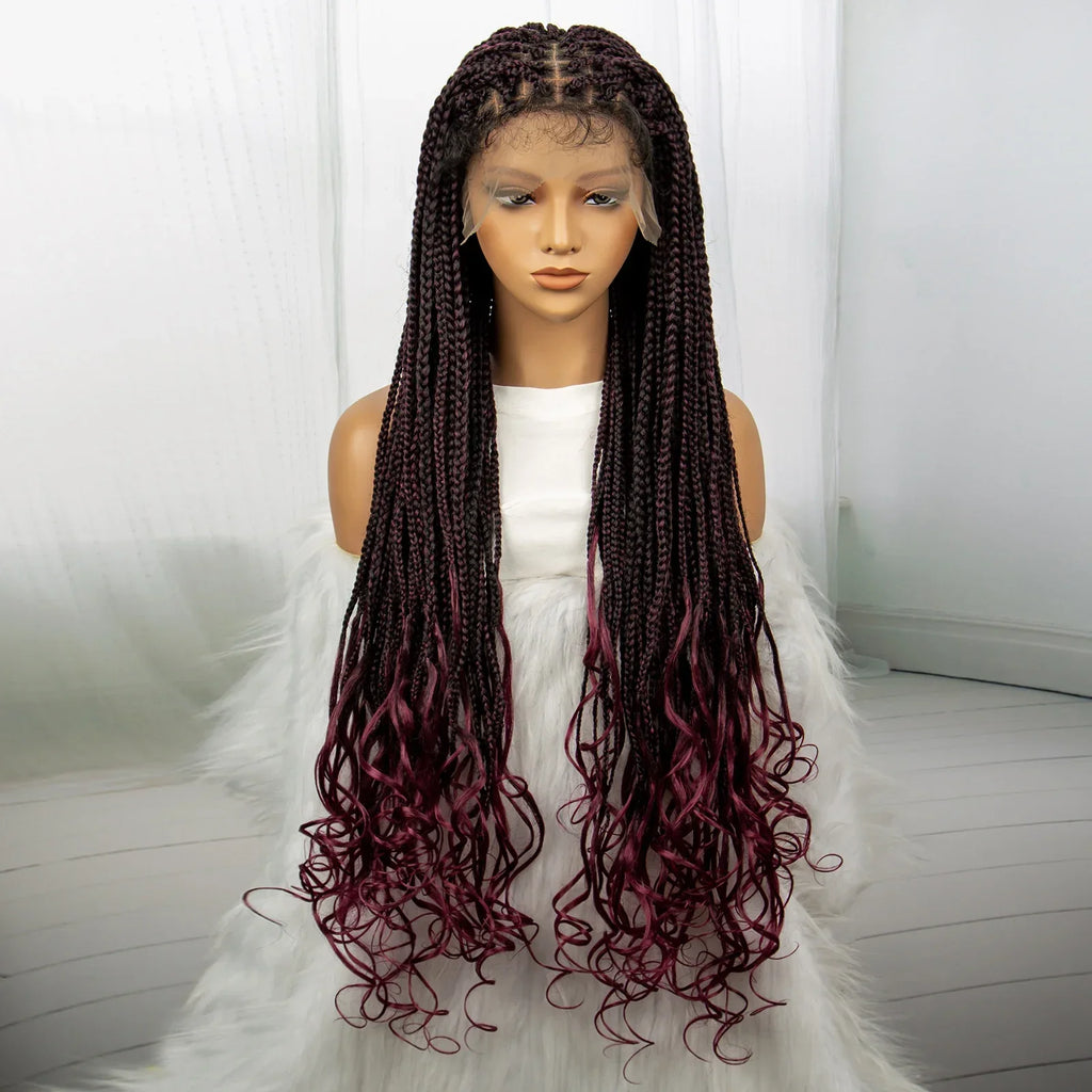 36" Knotless Braids Wig with Curly Ends | Lace Front | Synthetic Hair | Black Women