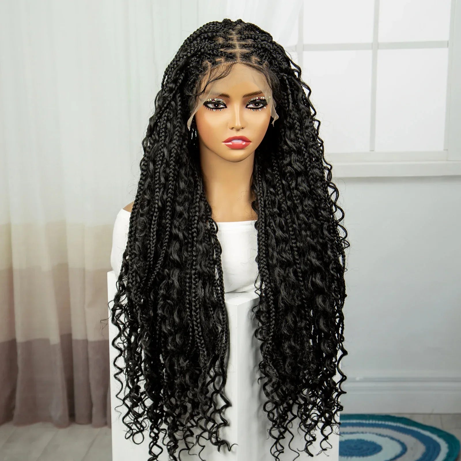 36" Knotless Box Braids Wig | Bohemian Style | Curly Ends | Lace Front | With Baby Hair | For Black Women