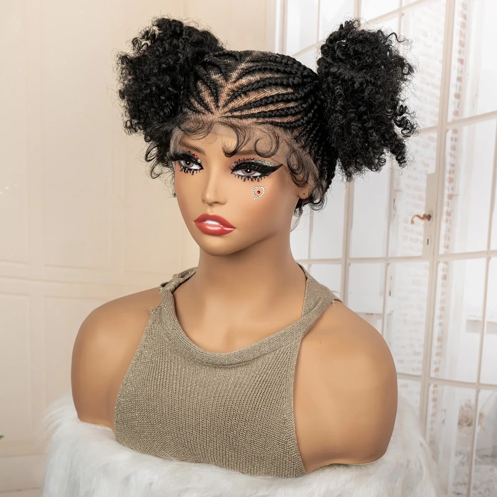 6" Bun Braided Wig | Cornrow Accents | Transparent Lace Frontal | Kanekalon Hair | Black Women