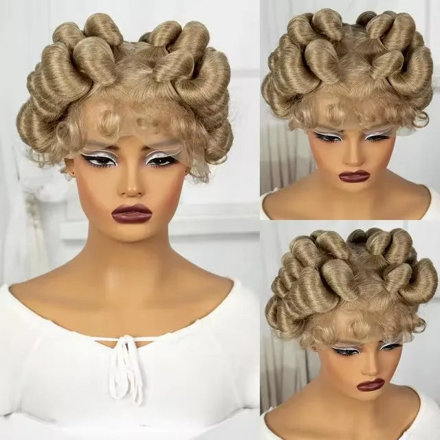 1B/30 Ombre Full Lace Handmade Bantu Braided Wig | Short Synthetic Knotless Braids with Transparent Lace