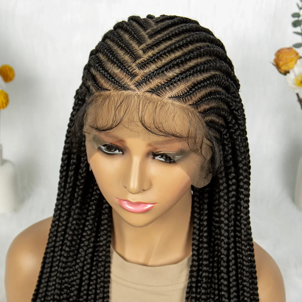 36" Cornrow Braided Full Lace Wig | Knotless Box Braids | Baby Hair | Synthetic Braiding Wig for Black Women