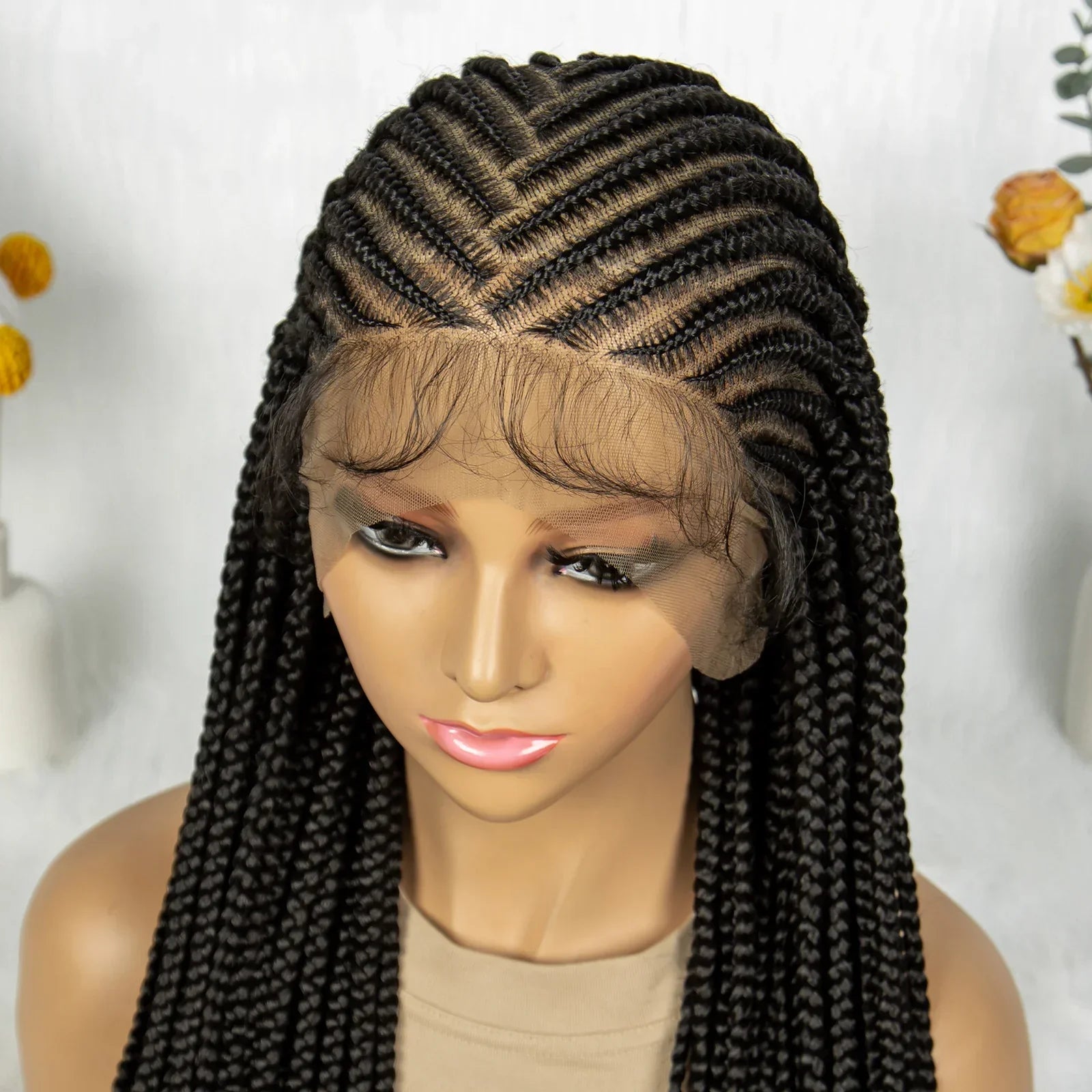 36" Cornrow Braided Full Lace Wig | Knotless Box Braids | Baby Hair | Synthetic Braiding Wig for Black Women