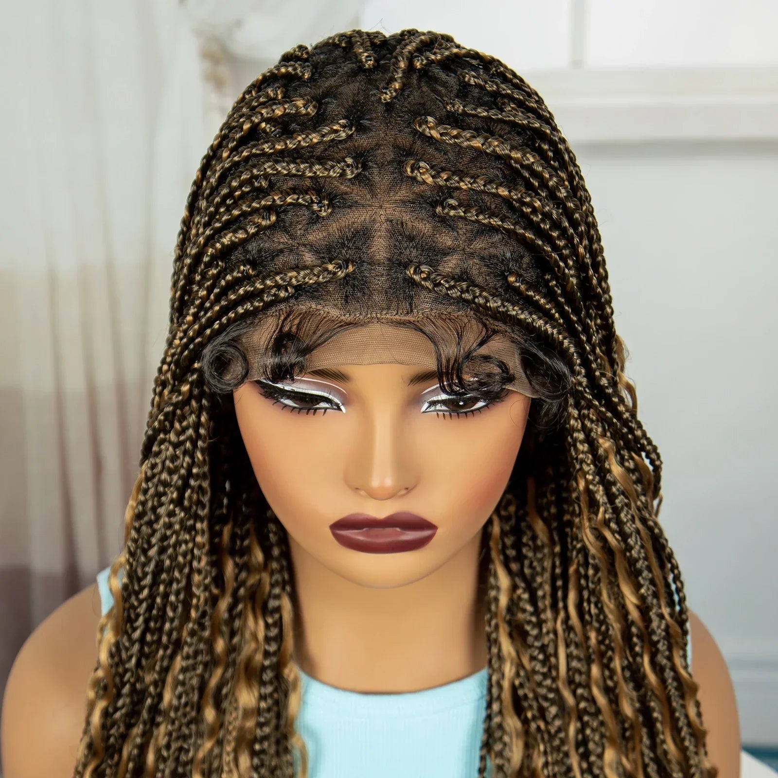36" Ombre Boho Knotless Braids Wig | Curly Ends | HD Full Lace | Baby Hair