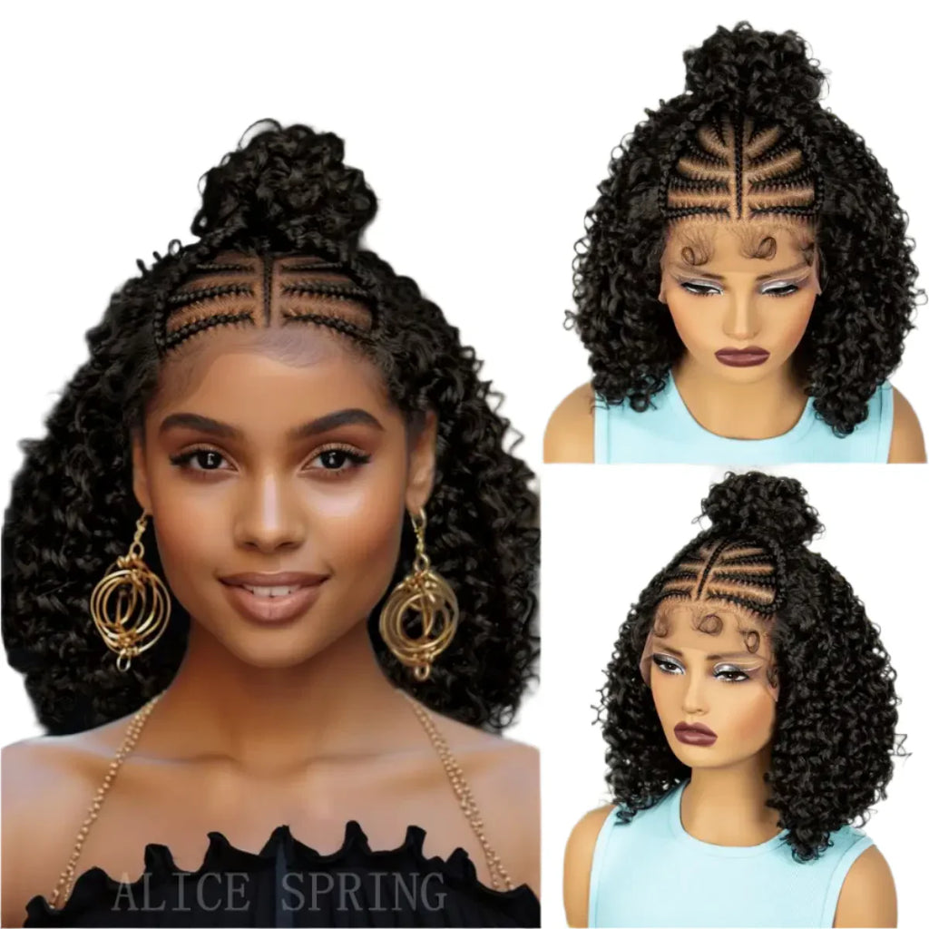 16" Cornrow Braids Wig with Afro Kinky Curly Ends | Knotless Lace Front | Baby Hair
