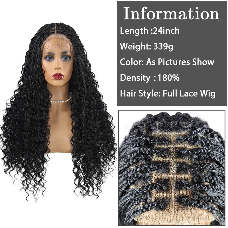 24" Boho Box Braids Lace Frontal Wig | Deep Wave Goddess Braids | Curly Ends | Black Full Lace Synthetic Wig