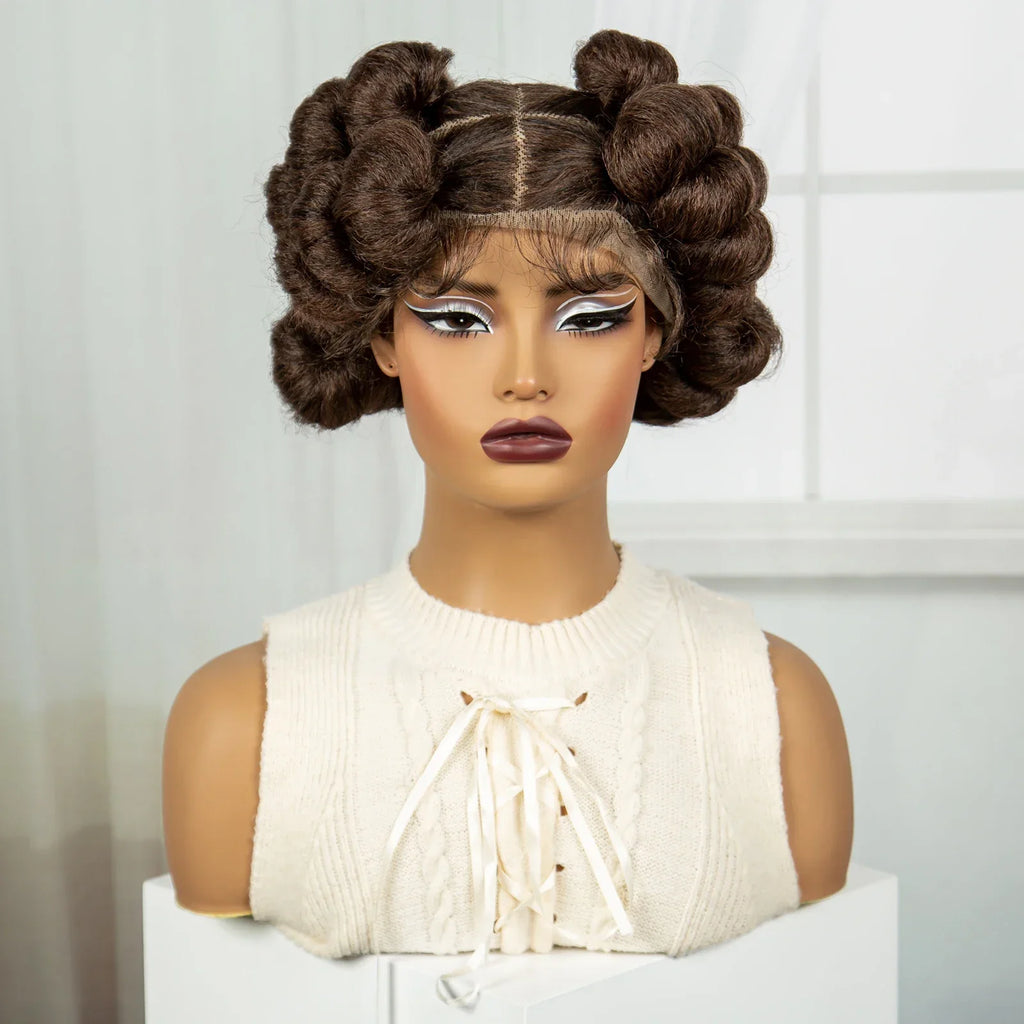 6" Short Cute Burgundy Bantu Knotless Braids Wig | Transparent Full Lace