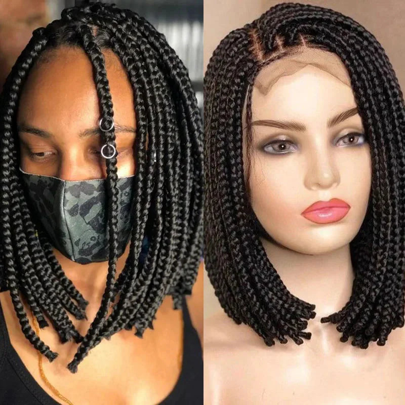 10" Short Bob Box Braided Wig | 360 Full Lace | Cornrow Accents | Synthetic Braids for Black Women