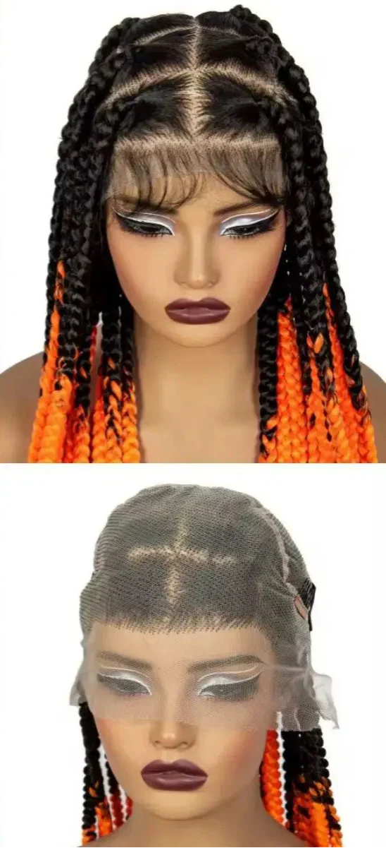36" Orange Knotless Box Braids Wig | Transparent Full Lace | Baby Hair