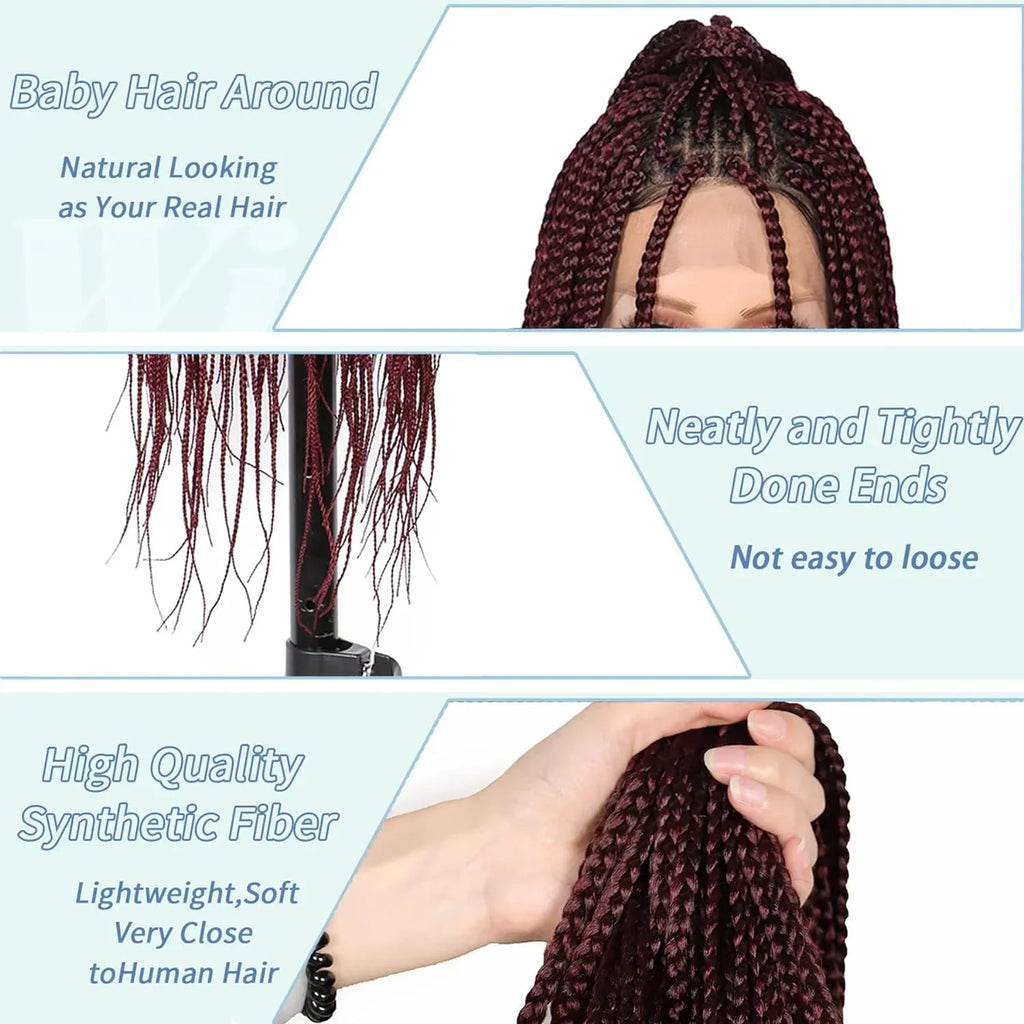 36" Ombre Burgundy Knotless Box Braid Wig | Full Double Lace Frontal | Baby Hair | Kanekalon Synthetic Wig for Women