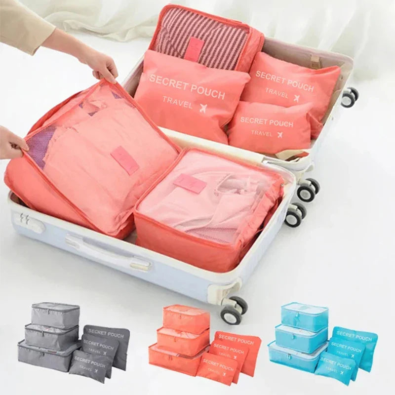 6Pcs Luggage Travel Bags | Underwear Shoes Storage Bag & Oxford Waterproof Cloth Suitcase Pouch Cube (Red Organiser for Clothing)