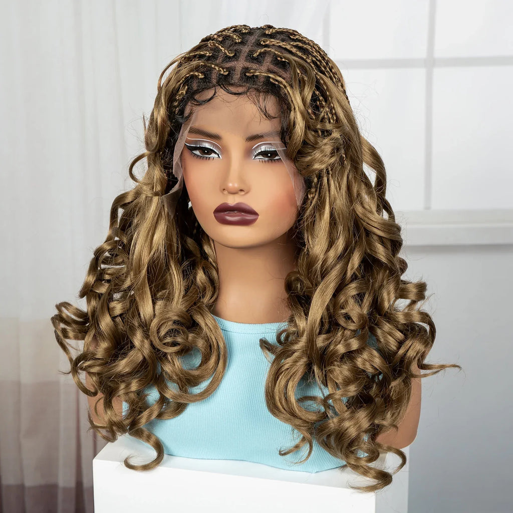 18" Bouncy Wavy Knotless Braids Wig | Full Lace | Bangs | Baby Hair