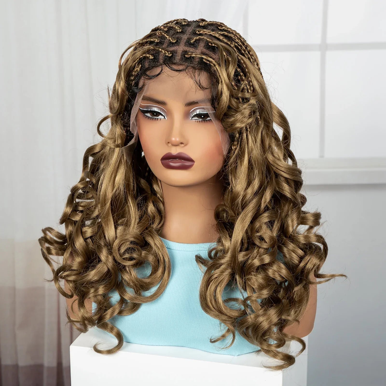18" Bouncy Wavy Knotless Braids Wig | Full Lace | Bangs | Baby Hair