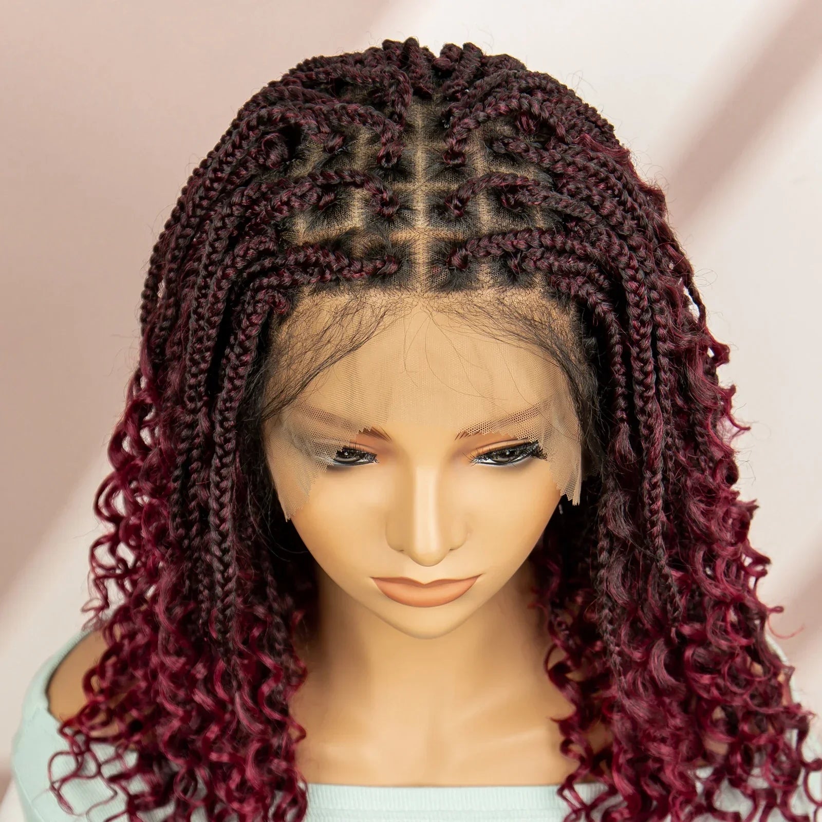 99J Burgundy Knotless Box Braids Wig with Curly Ends | Full Lace