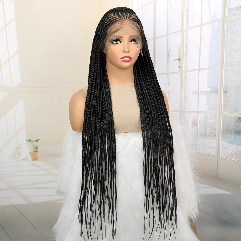 36" Cornrow & Knotless Box Braids Wig | Full Lace | Baby Hair | Twist Accents | Kanekalon Hair