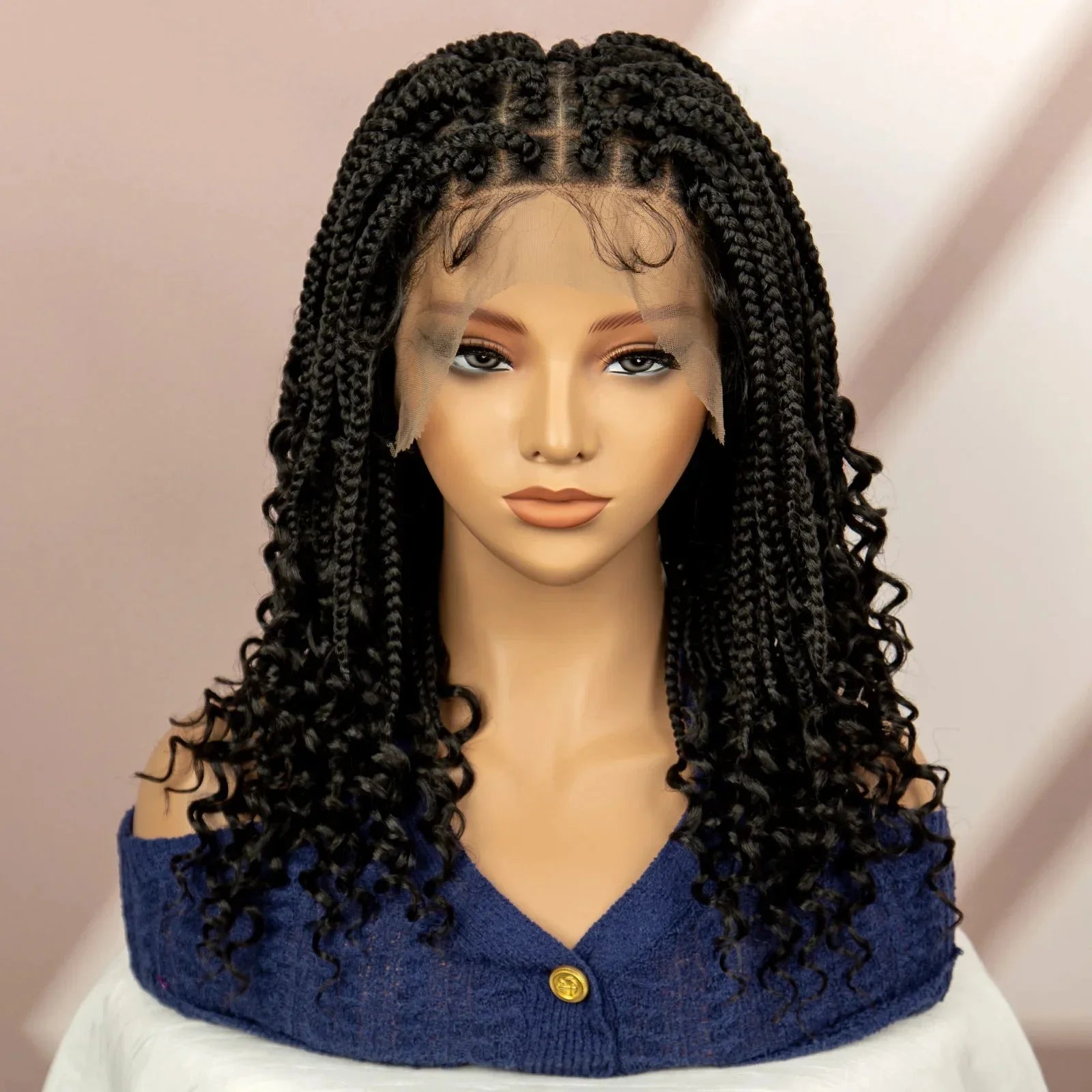 16" Short Brown Box Braided Full Lace Wig | Curly Ends | African Braids | Black Women