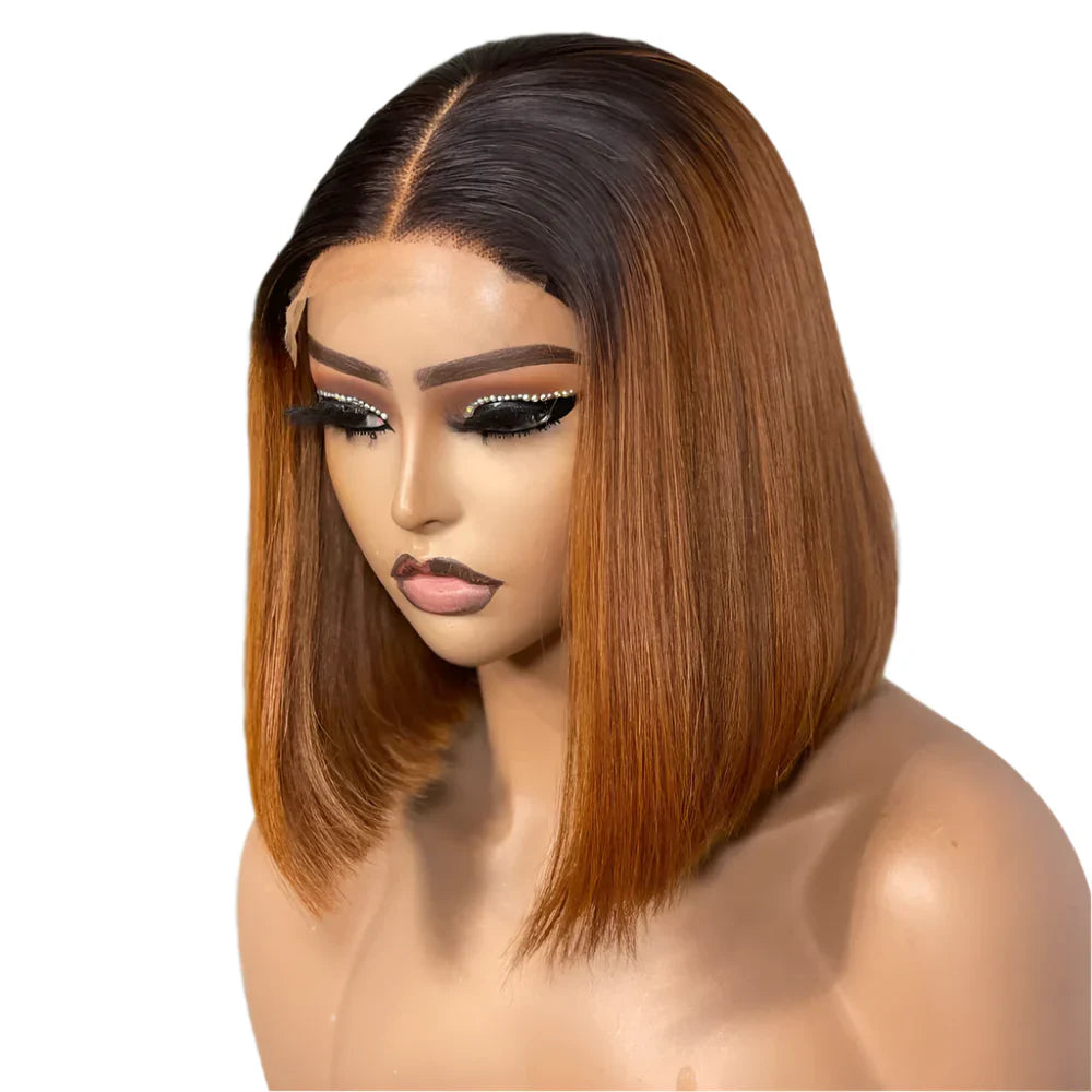 250% Density Ombre 1B/Orange Bone Straight Bob Wig | 13x4 Transparent Lace Front Human Hair (Glueless, Ready-to-Wear)