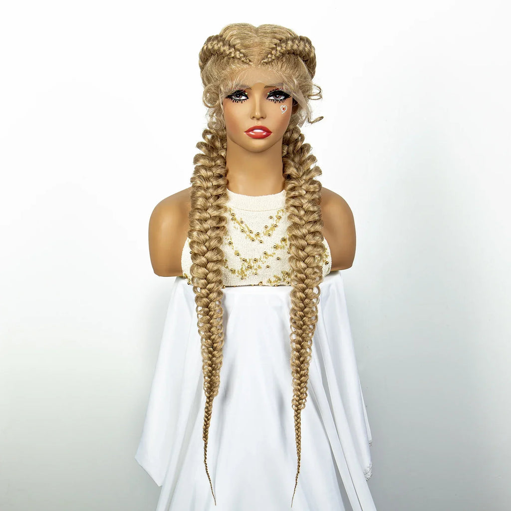 1B/30 Dark Brown Dutch Box Braids Wig | Synthetic Lace Frontal | Fishtail Braids | With Baby Hair | For Black Women