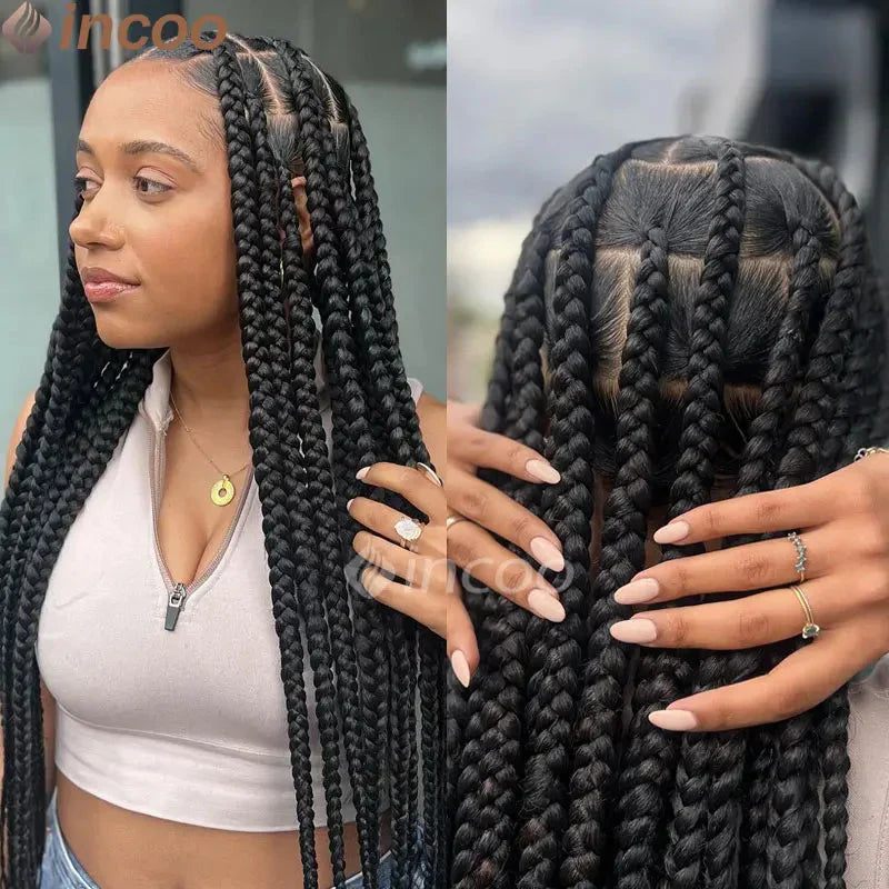 36" Large Square Knotless Box Braids Wig | Full Double Lace | Baby Hair | Kanekalon