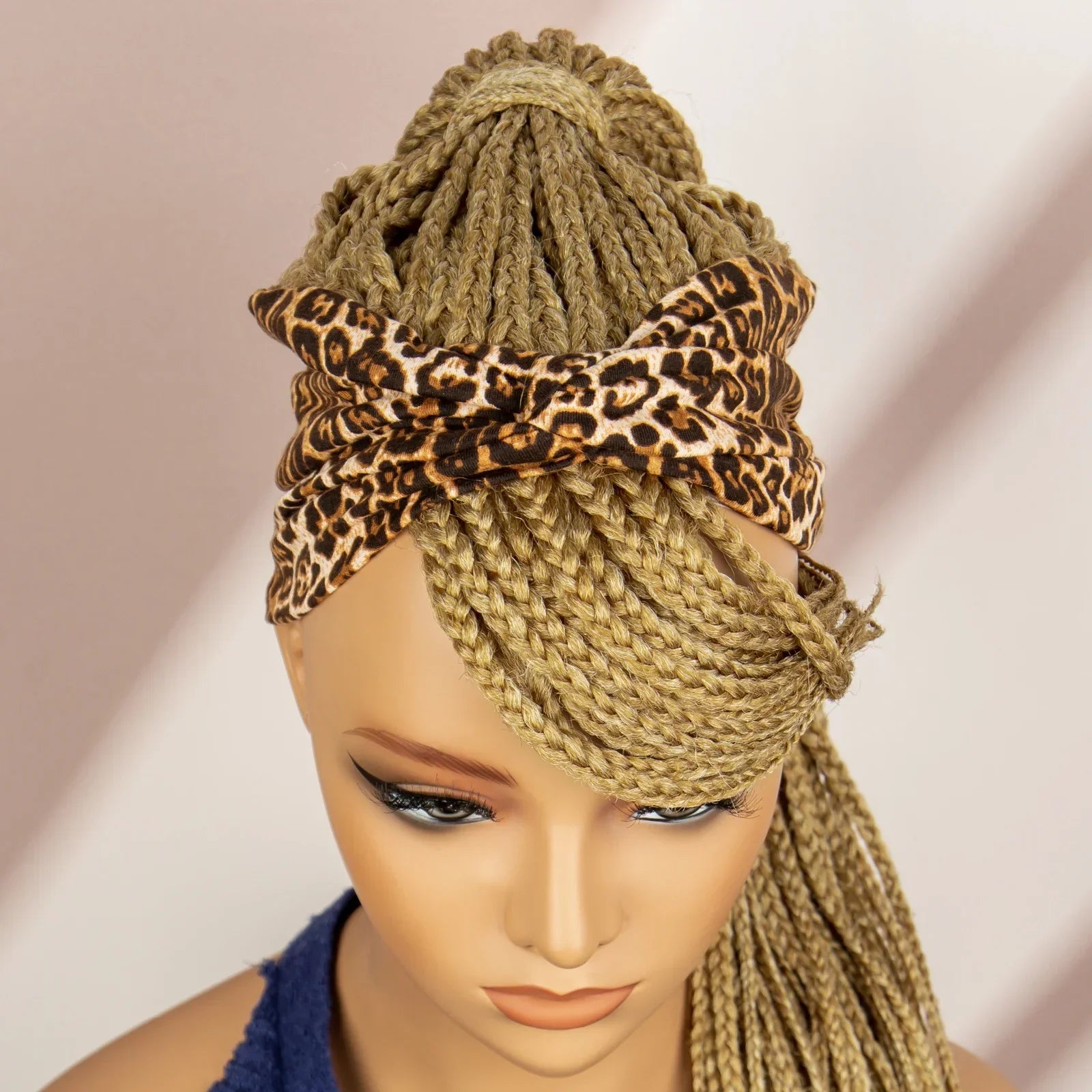 Bangs Ponytail Braided Wig with Headband | 27/613 Leopard Print Hair | Synthetic Daily Use Wig | Long Braids