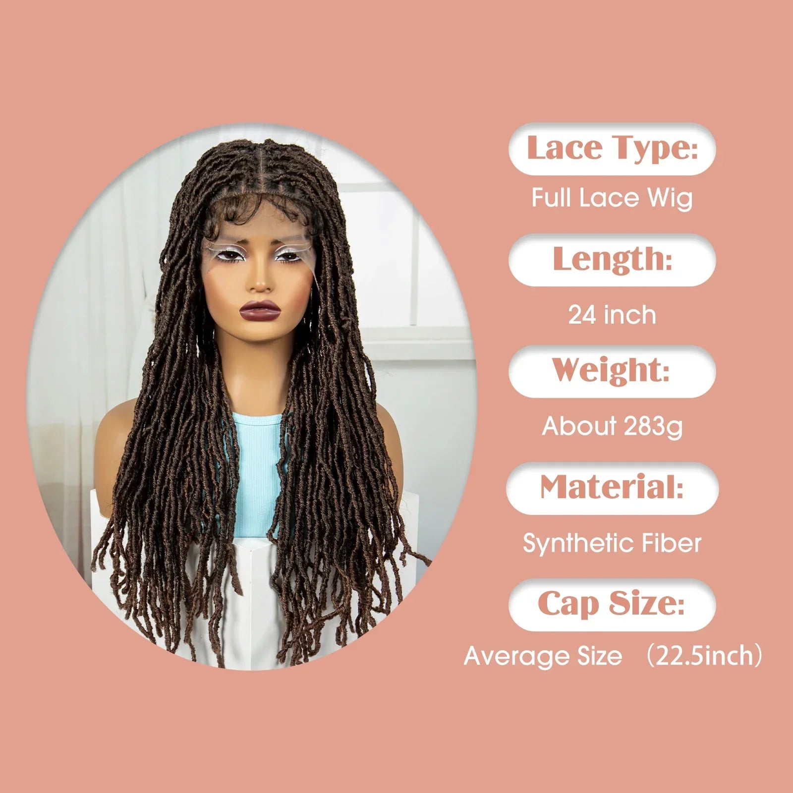 24" Knotless Box Locs Braided Wig | Full Lace Frontal Dreadlock Style