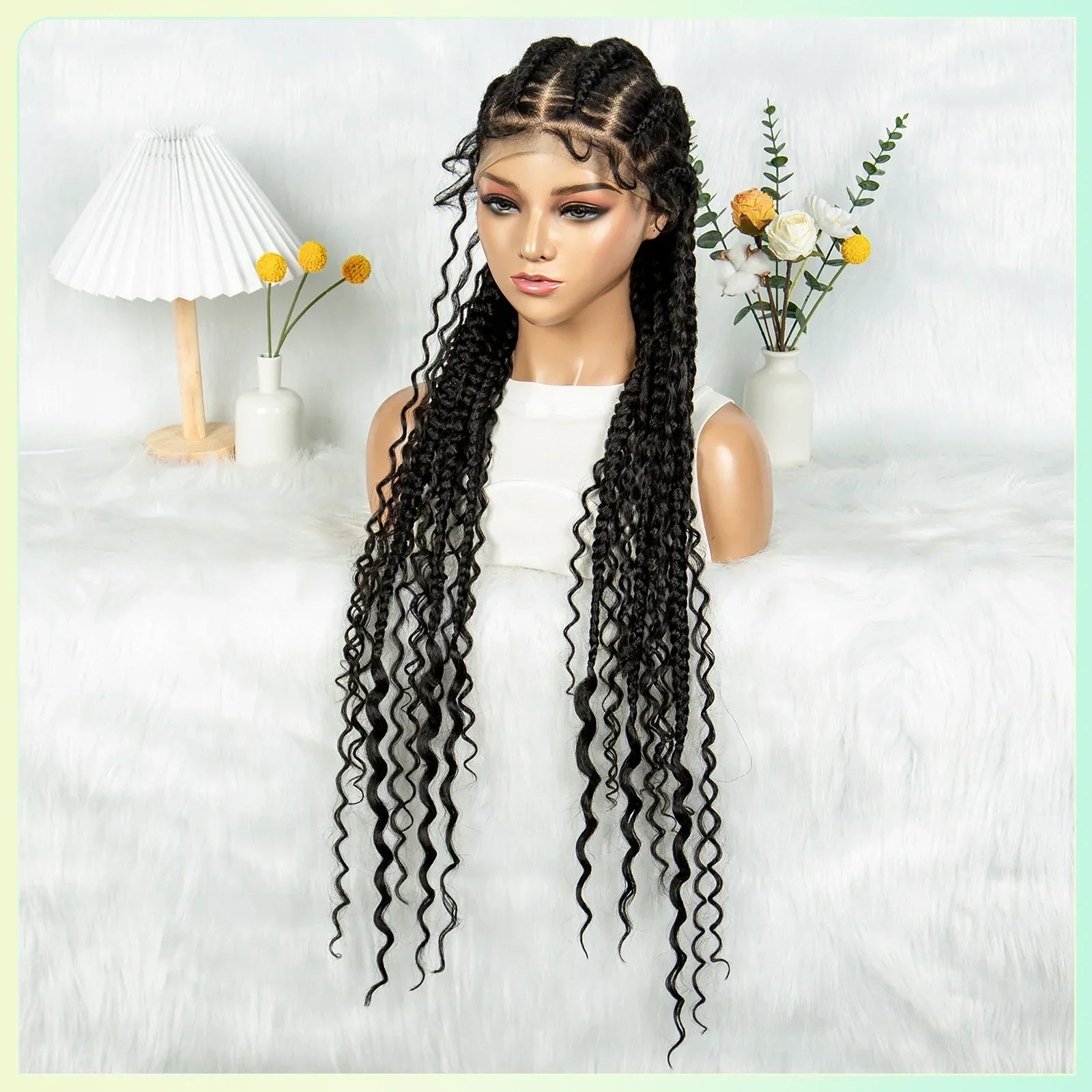 32" Ghana Cornrow Boho Braids Wig | Full Lace Knotless with Curly Inset