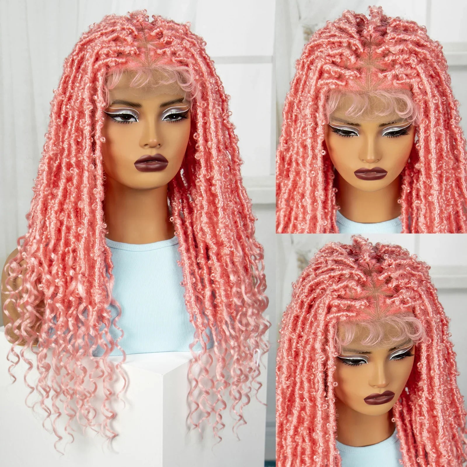 22" Pink Knotless Box Braids Wig with Curly Ends | Transparent Full Lace | Baby Hair