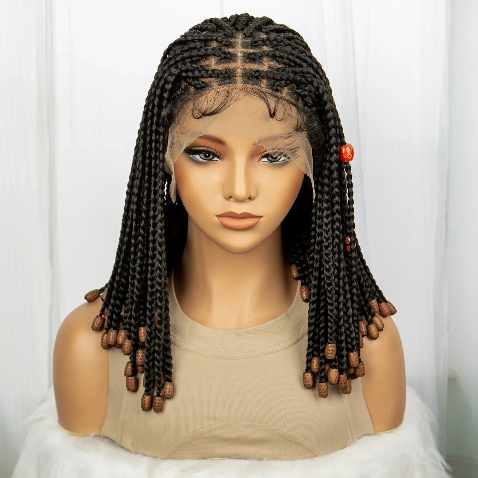 14" Short Bob Box Braided Wig with Beads | Knotless Braids | Synthetic Lace Front Wig | Baby Hair