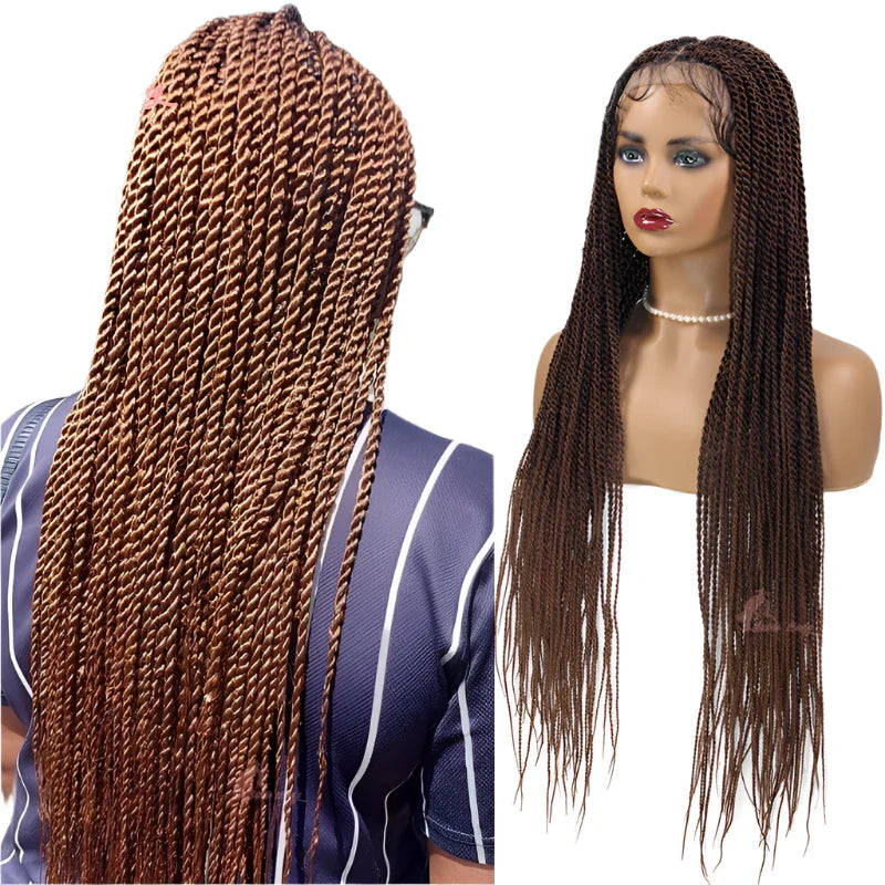 36" Senegalese Twist & Knotless Box Braids Full Lace Braided Wig - #27 Blonde, Cornrow Accents