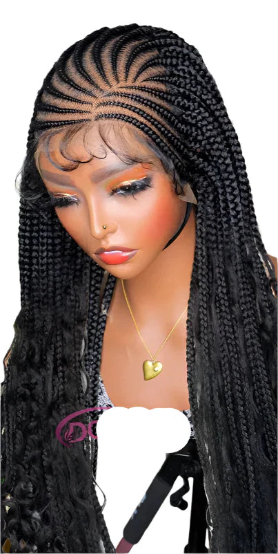 36" Cornrow Box Braids Wig with Curly Hair | Full Lace | Baby Hair