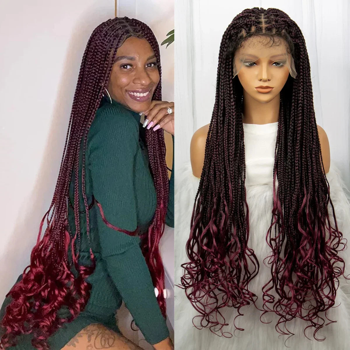 36" Knotless Braids Wig with Curly Ends | Lace Front | Synthetic Hair | Black Women