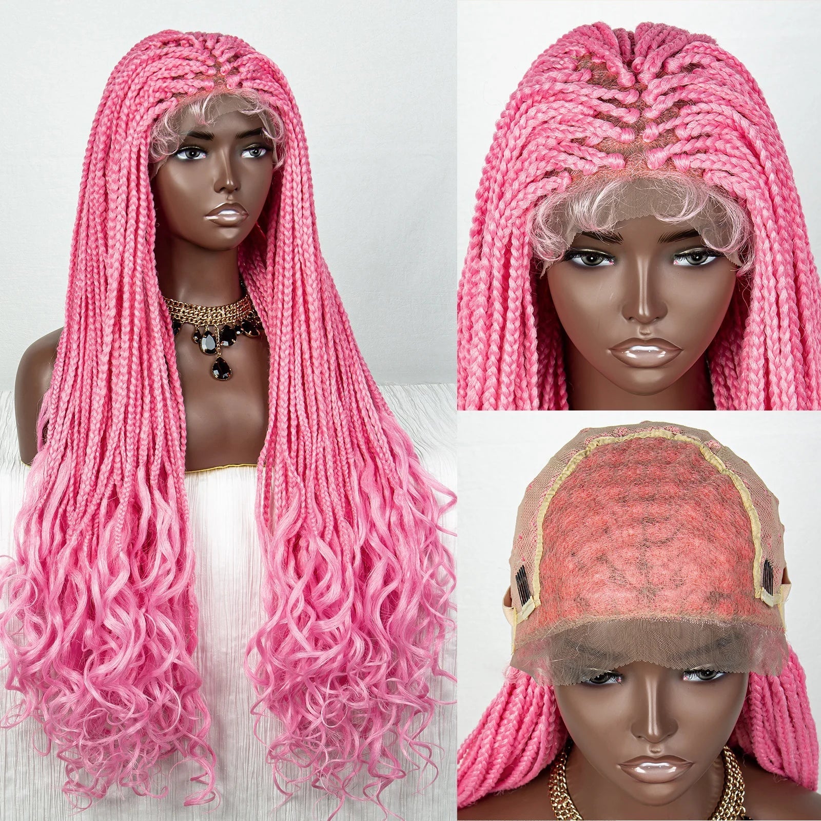 36" Pink & 613 Blonde Braided Wig | Water Wave Ends | Lace Front | Baby Hair