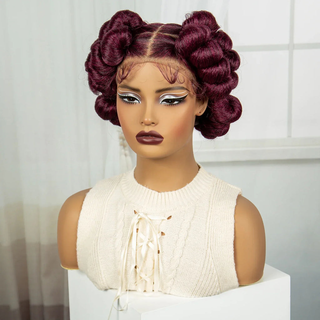 6" Short Cute Burgundy Bantu Knotless Braids Wig | Transparent Full Lace