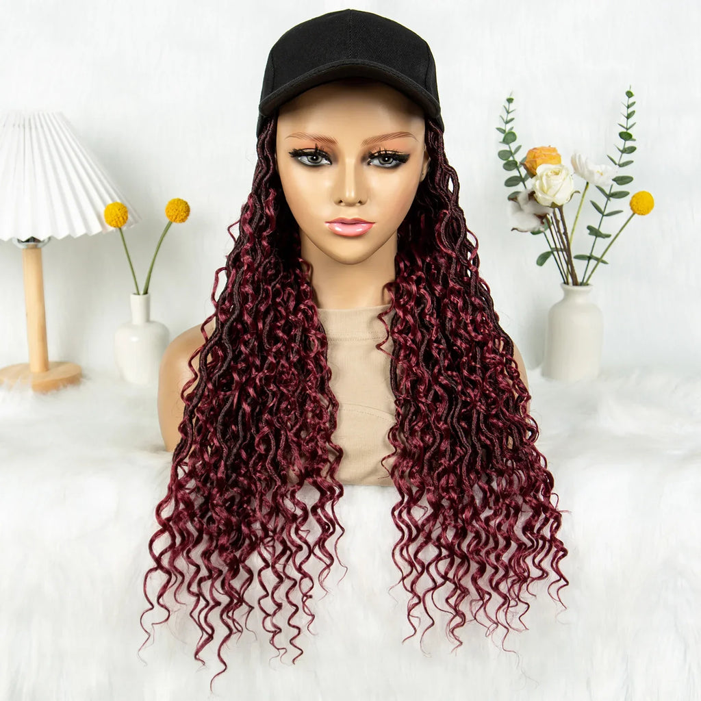 20" Burgundy Boho Locs Baseball Cap Wig | Adjustable Hat Wig | Synthetic Braids | Black Women