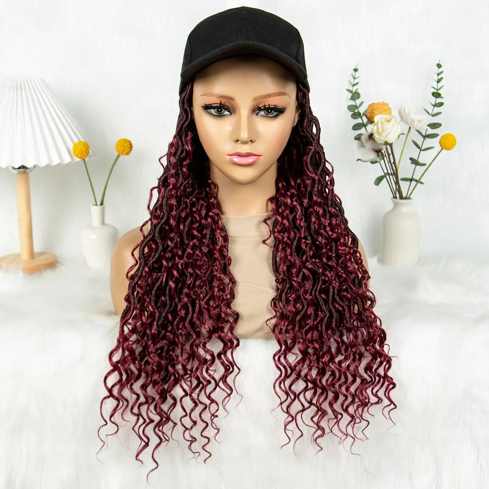 20" Burgundy Boho Locs Baseball Cap Wig | Adjustable Hat Wig | Synthetic Braids | Black Women