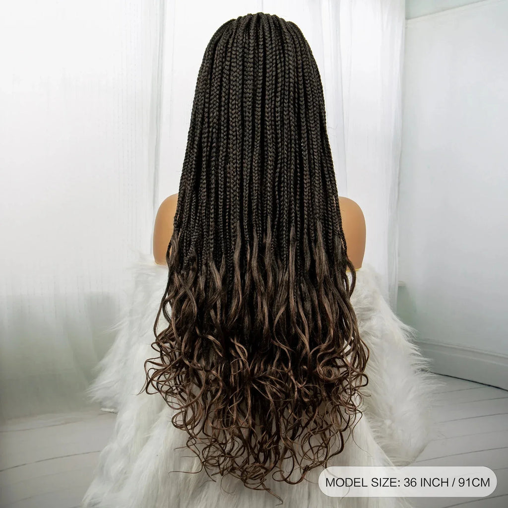 36 Inch Synthetic Braided Wigs Knotless Boho Braided Lace Wigs with Curly Ends Lace Front Braiding Hair Wig for Black Women