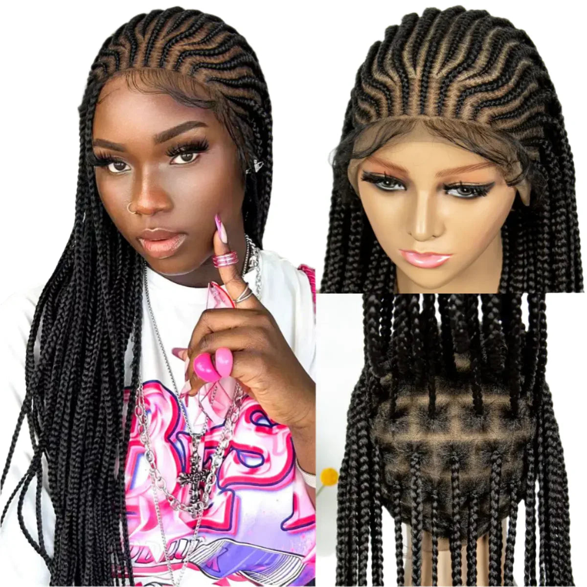 34" Handmade Cornrow Braided Wig | Full Lace Knotless Box Braids | Baby Hair | Transparent Lace | Black Women