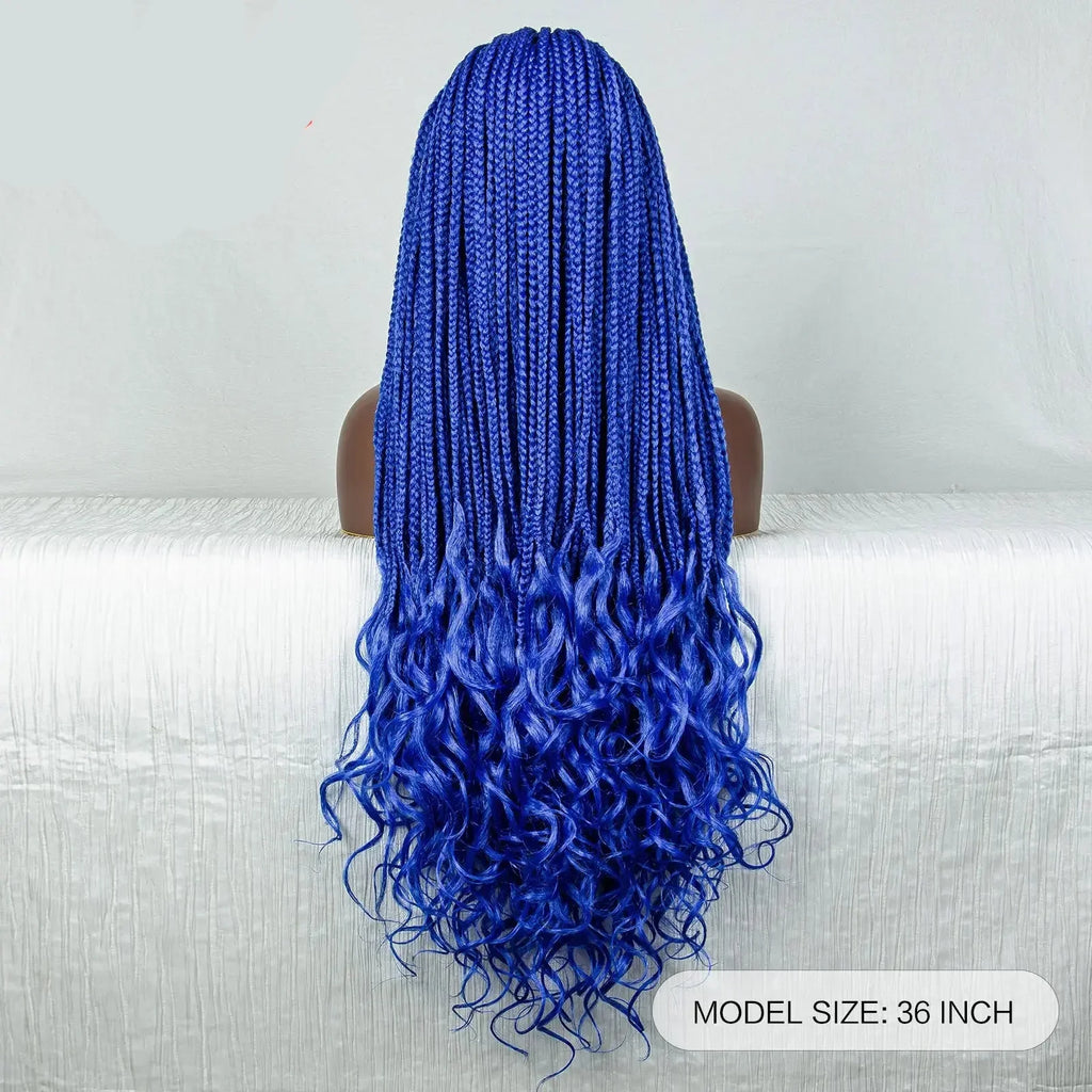 36" Blue Knotless Box Braids Lace Front Wig | Baby Hair | Crochet Braids | Black Women