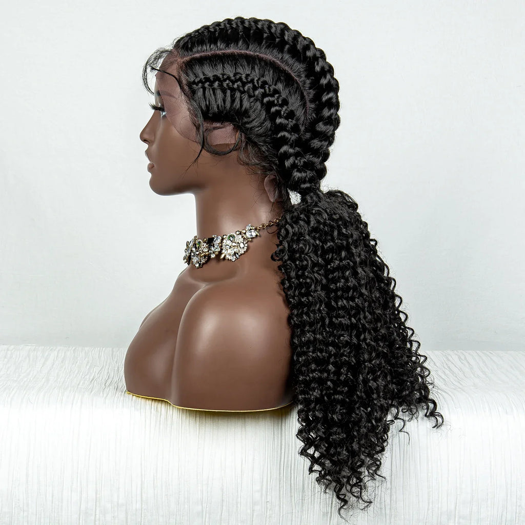 22" Box Braids Full Lace Wig | Two Curly Ponytails | Baby Hair | Synthetic Braided Wig