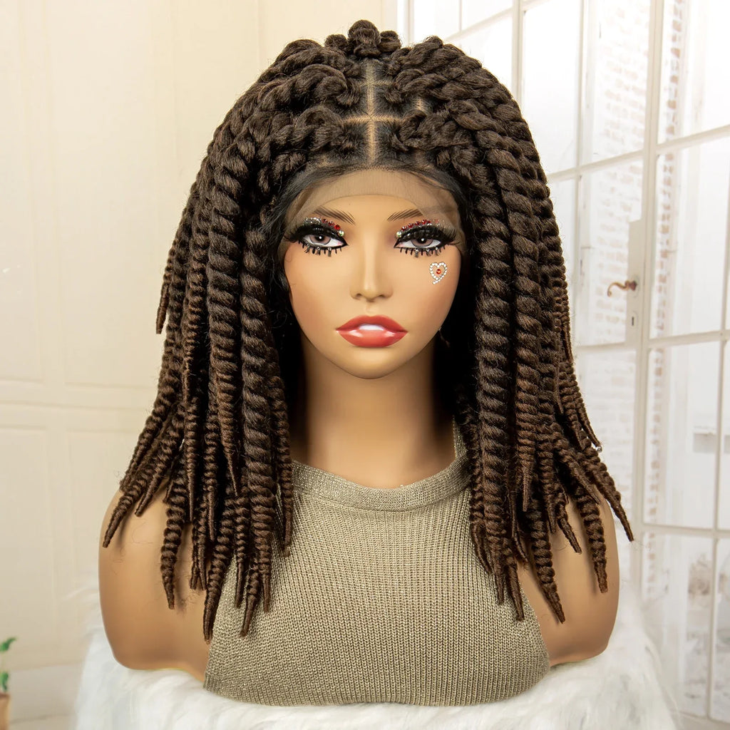16 Inch Brown Twisted Braided Bob Wig | Full Lace | Kanekalon Fiber | For Black Women