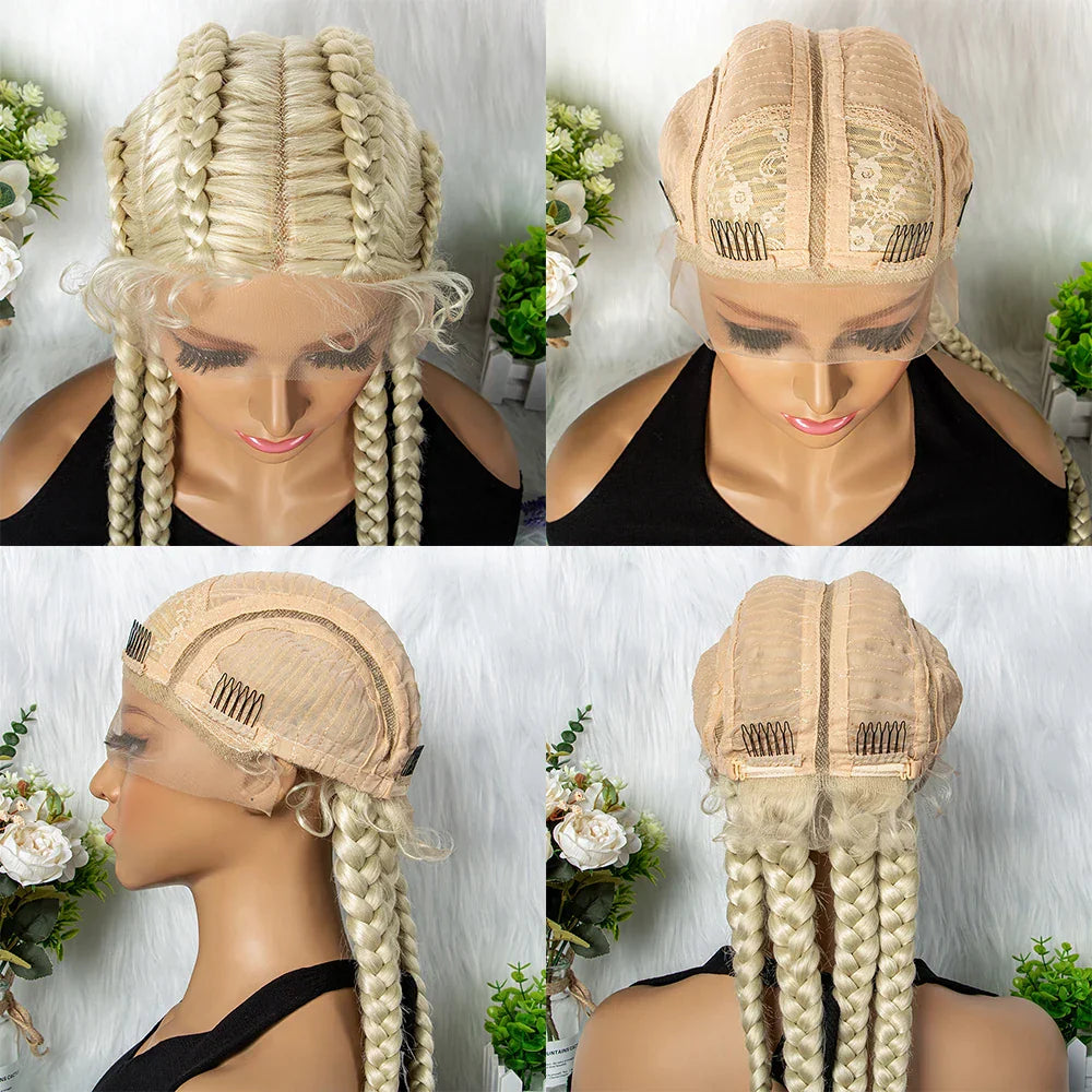 36" 27/613 Blonde Cornrow Braided Wig | Lace Frontal Box Braids | Synthetic Wig with Baby Hair for Black Women