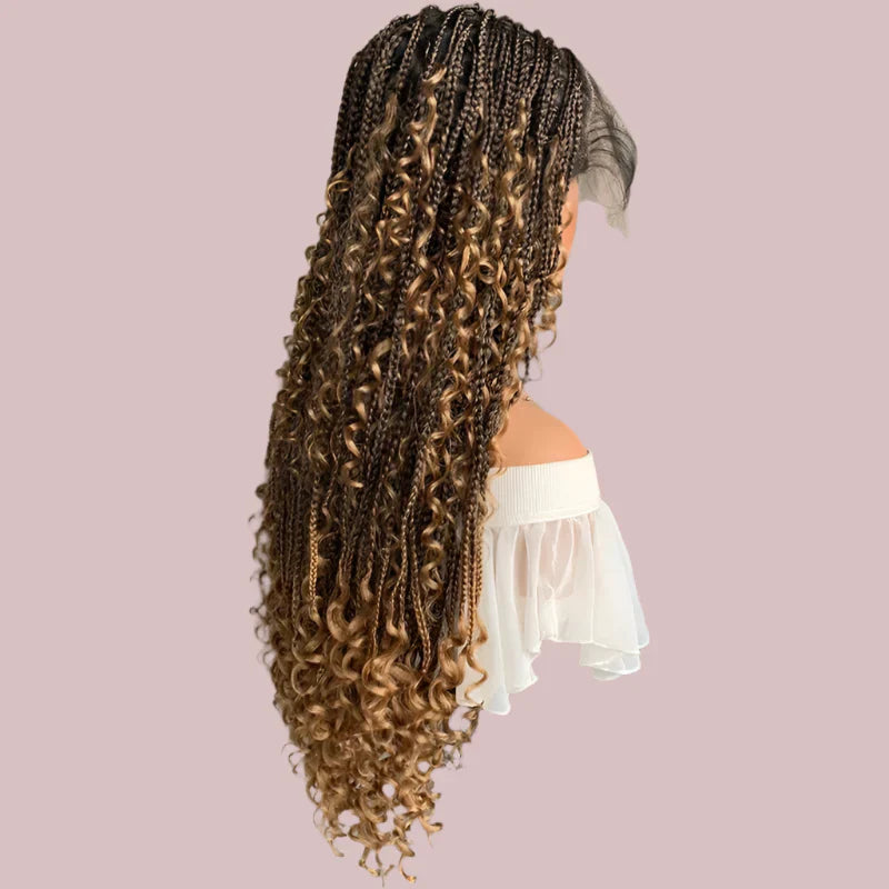 22" Curly End Box Braided Full Lace Front Wig | Goddess Locs | Bohemian Braids | Synthetic Wig