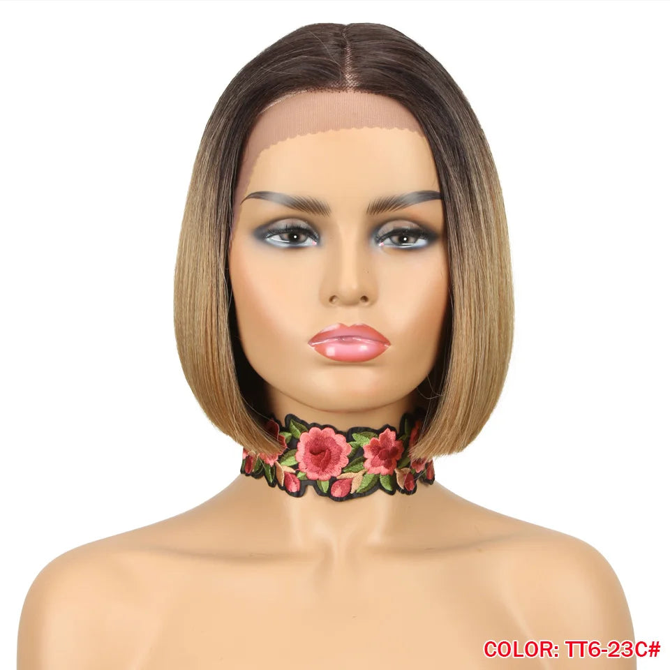 10 Inch Ombre Brown Straight Short Bob Wig | Synthetic Lace Front Wigs for Women (Heat Resistant Fiber, Cosplay & Daily Use)