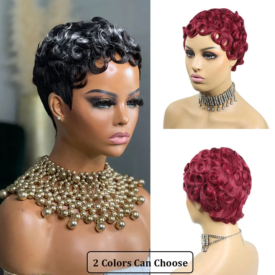 99J Burgundy & Natural Black Pixie Cut Wig | 150% Density Glueless Remy Human Hair Bob